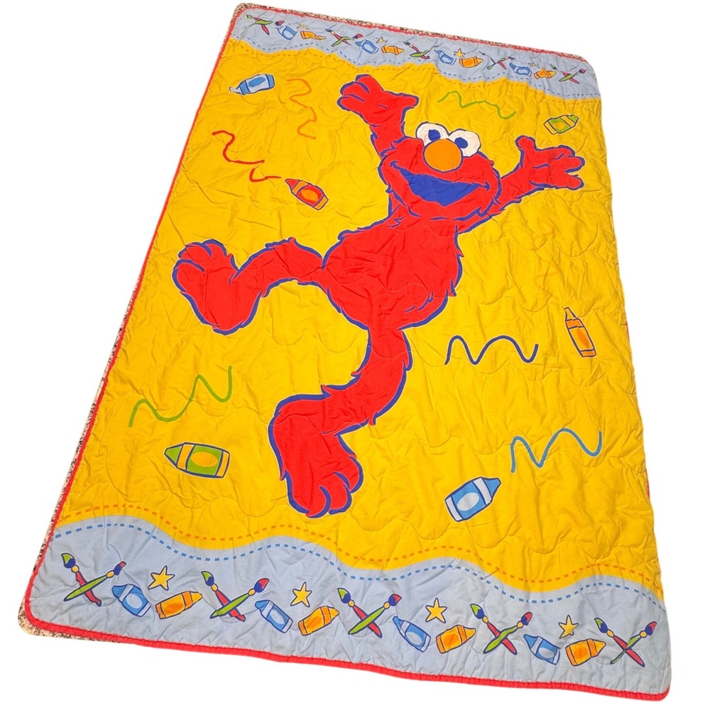 Y2K Sesame Street Elmo Comforter Toddler Size Yellow Quilt Crayon Primary Colors